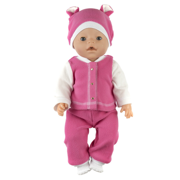 Одежда для кукол Baby Born из розового и белого флиса - шапочка, курточка и штанишки, а также розовые носочки