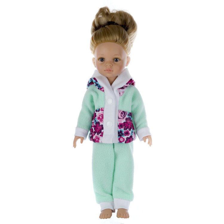 Курточка и штанишки из бирюзового флиса со вставками из контрастной ткани для кукол Paola Reina ростом 32 см 