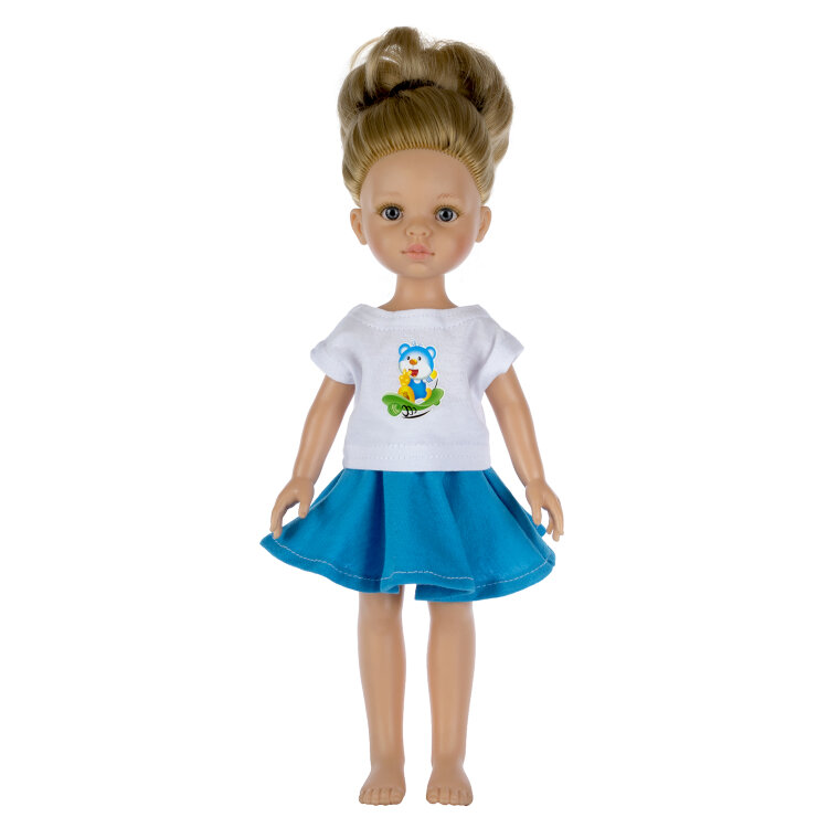 Трикотажная голубая юбка и блузка белого цвета с принтом для кукол Paola Reina 32 см